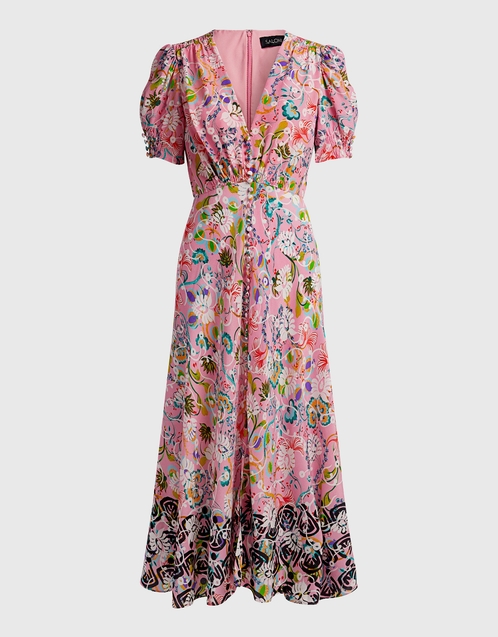 Saloni Lea V-neck Silk Floral Print Midi Dress (Dresses,Midi) IFCHIC.COM