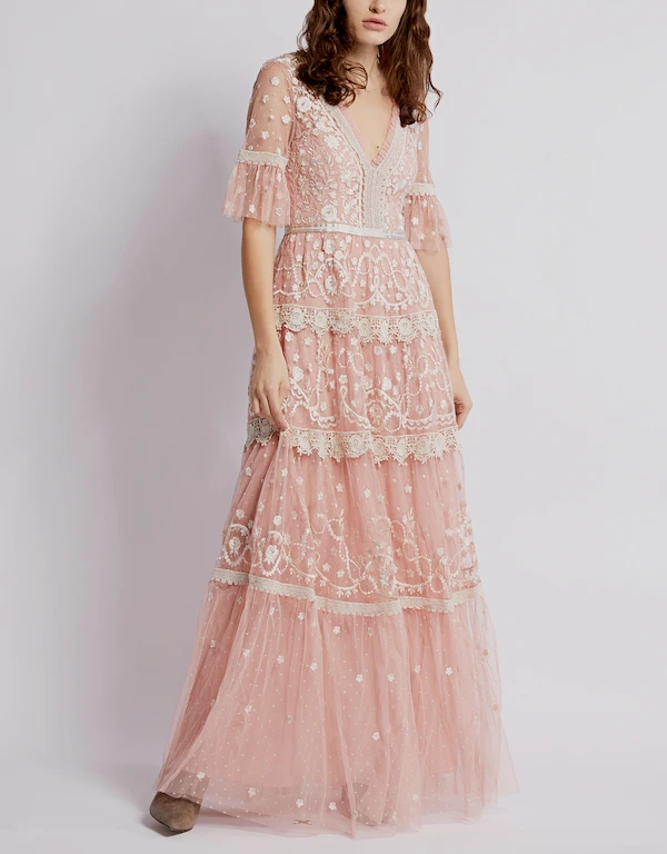 Midsummer V-neck Floral Lace Maxi Dress