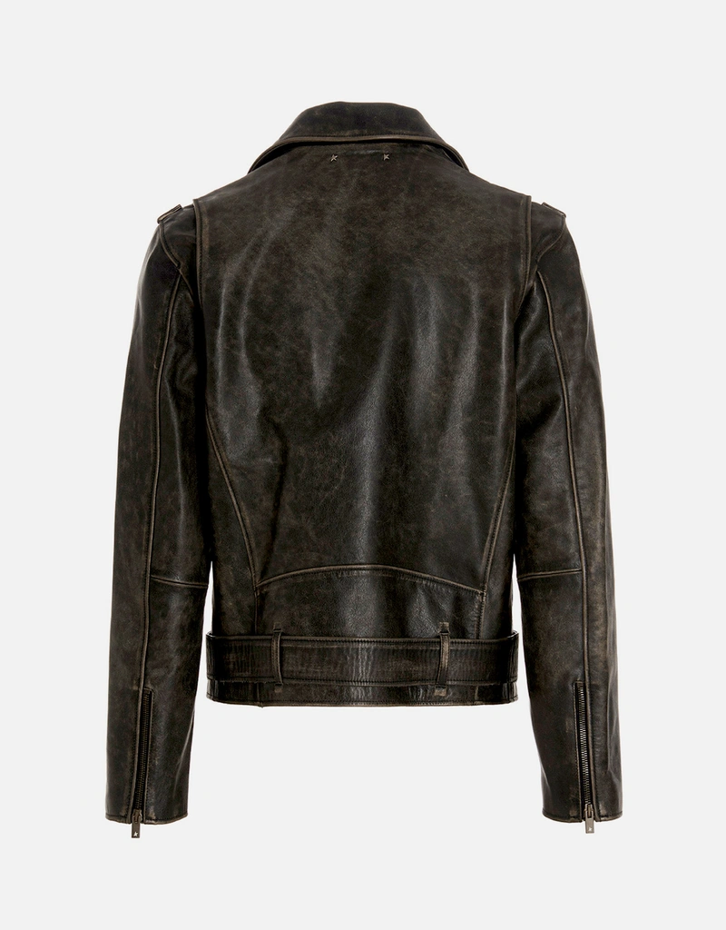 Golden Goose メンズ ダメージ加工牛革バイカージャケット (ジャケット