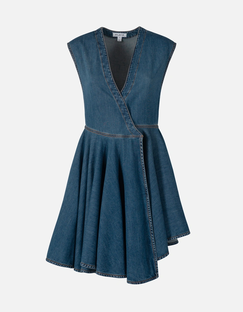denim dress windsor Denim 3/4 Sleeve Tied V-Neck Pleated Mini Dress – Charming Charlie main image 0