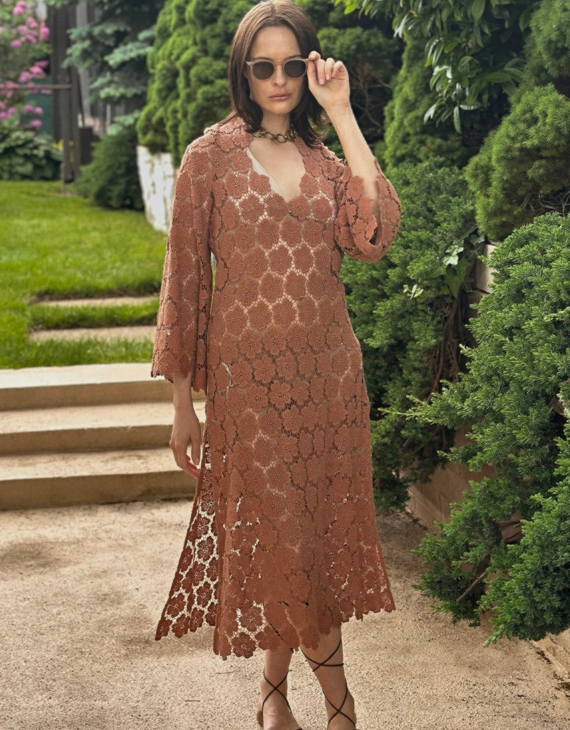 Miguelina Arelis Cosmos Flower Lace Caftan - Mocha (Dresses,Party Dresses)  IFCHIC.COM