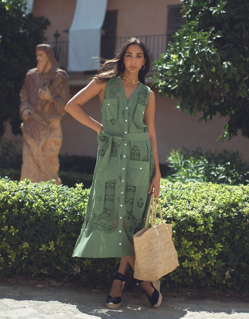 Miguelina Alexia Tropical Cotton Embroidery Dress - Eucalyptus (Dresses,Knee  Length Dresses) IFCHIC.COM