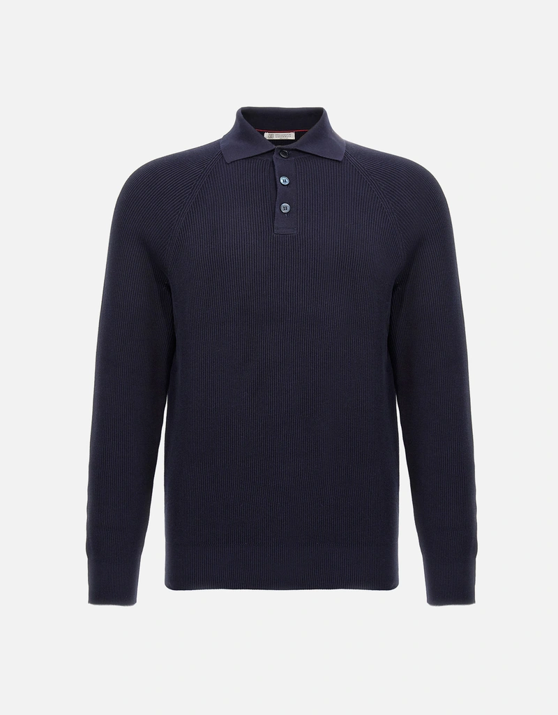 Brunello Cucinelli メンズ コットンリブ ポロスタイルセーター