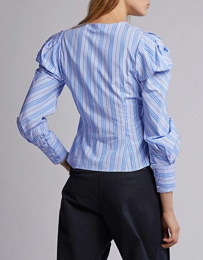 Ruched Oxford Front V-neck Stripe Cropped Shirt