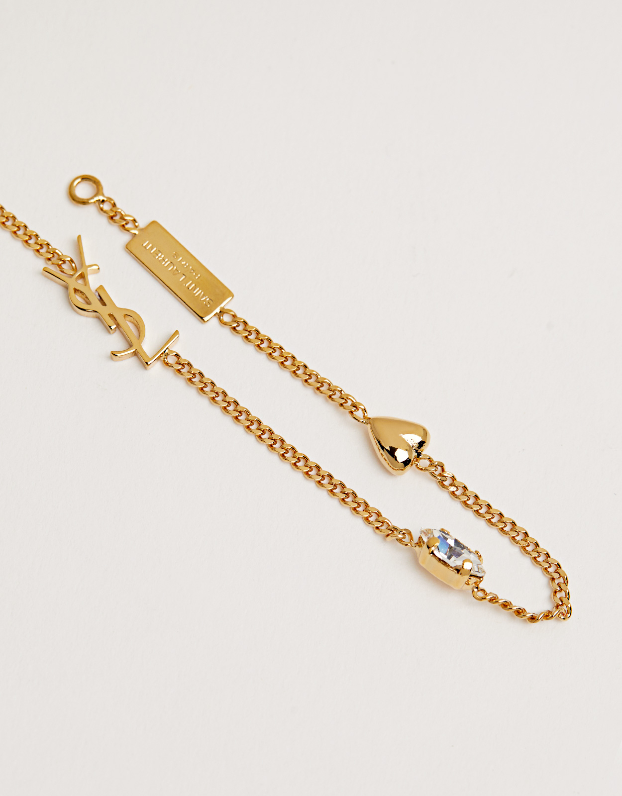 Saint Laurent Cassandre Metal Rhinestone Heart Charm Bracelet