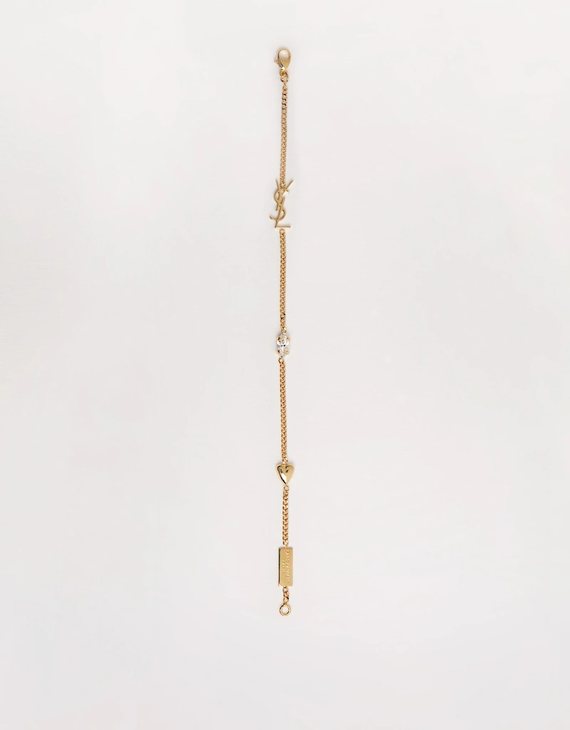 Saint Laurent Cassandre Metal Rhinestone Heart Charm Bracelet