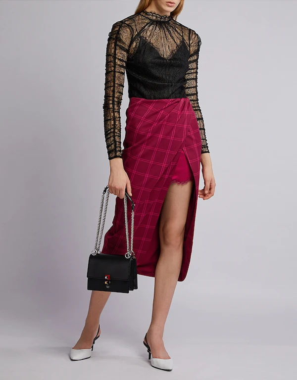 Jonathan Simkhai Windowpane Plaid Front Slit Lace Trim Midi Skirt