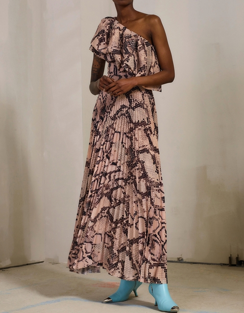 Solace London Rosa One-shoulder Snake Print Ruffle Pleated Maxi Dress ...