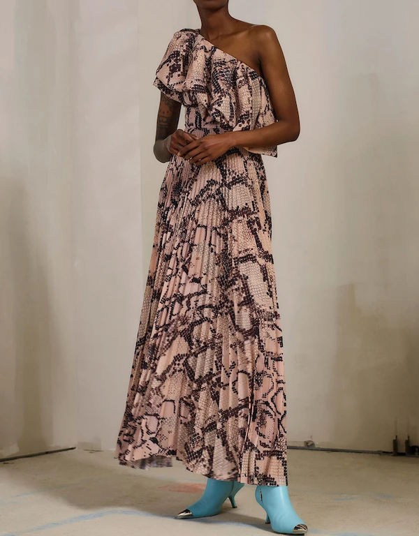 Solace London Rosa One-shoulder Snake Print Ruffle Pleated Maxi Dress