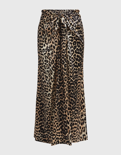 豹紋真絲混紡緞面中長裙