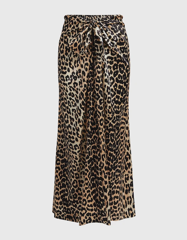 Leopard Print Silk-blend Satin Midi Skirt 