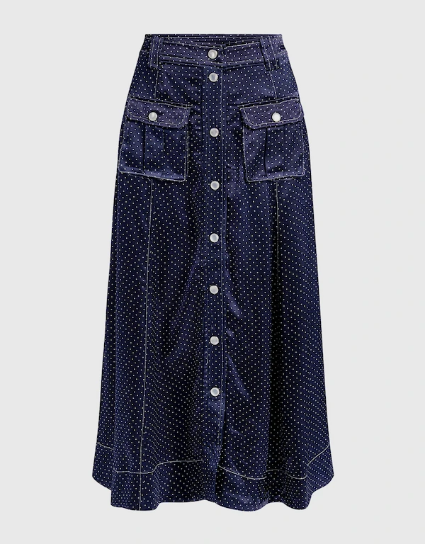 Ganni Pocket Detail Dotted Satin Midi Skirt 