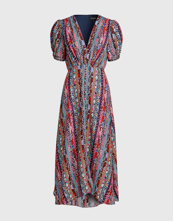 Lea V-neck Silk Mix Print Midi Dress