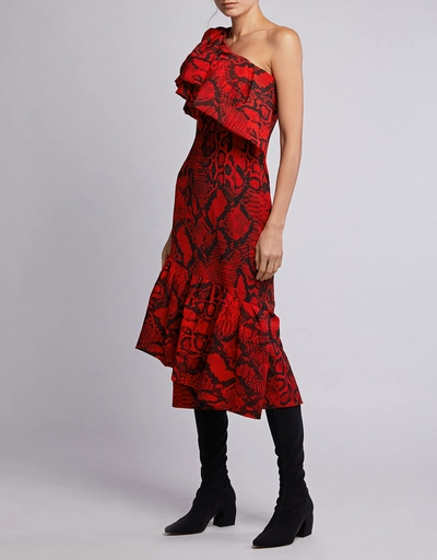 Heppy One-shoulder Ruffled Snake Print Midi Dress