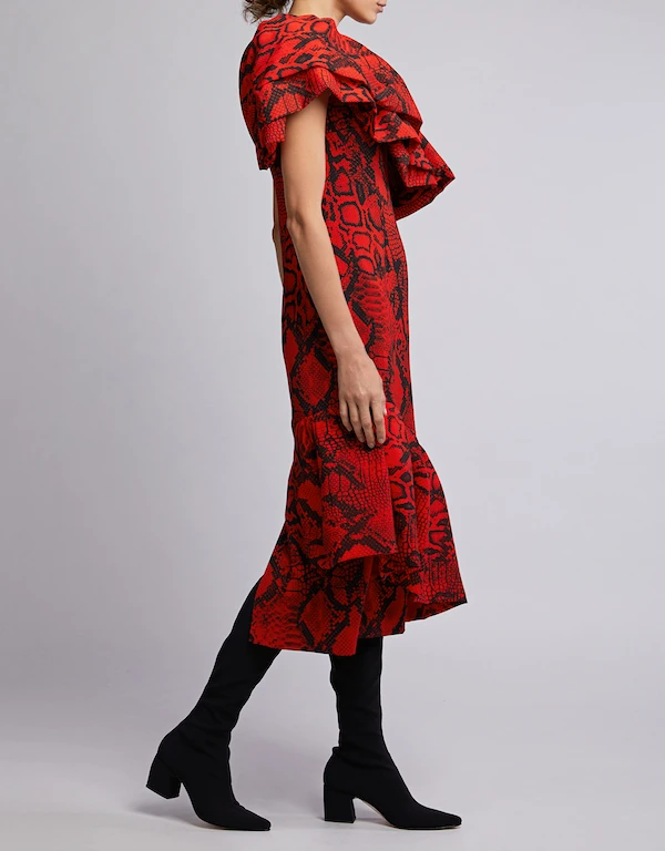 Solace London Heppy One-shoulder Ruffled Snake Print Midi Dress