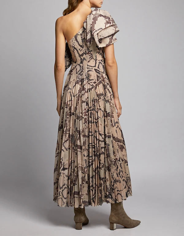 Solace London Rosa One-shoulder Snake Print Ruffle Pleated Maxi Dress