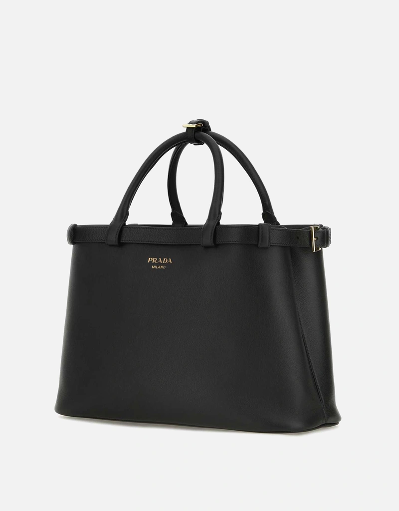 Prada ブラックレザーミディアムプラダバックルハンドバッグ () IFCHIC.COM