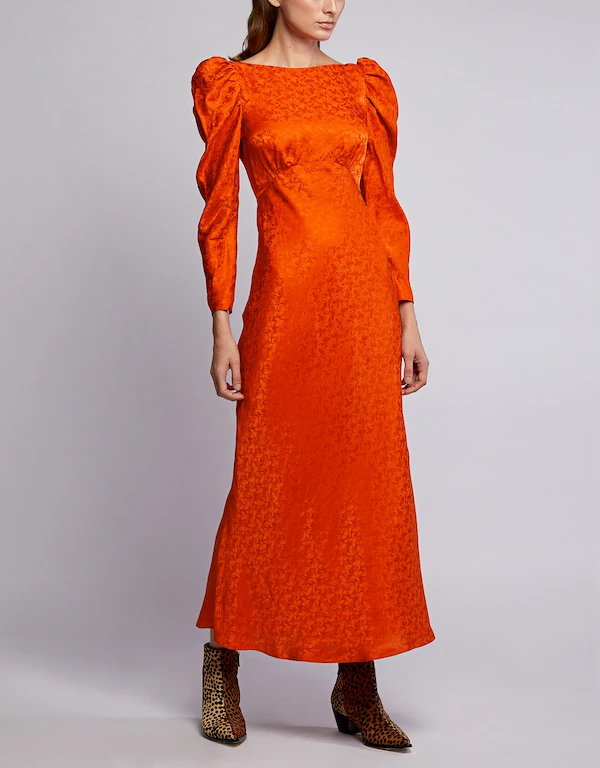 Saloni Alena Ruched Sleeve Silk Jacquard Floral Midi Dress
