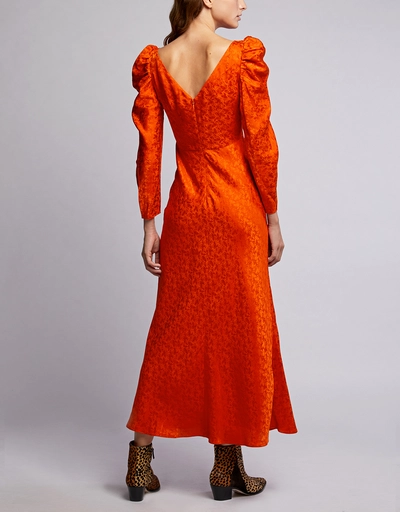 Alena Ruched Sleeve Silk Jacquard Floral Midi Dress