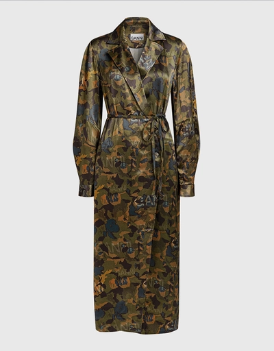 Camo Print Heavy Satin Dress Trench Coat