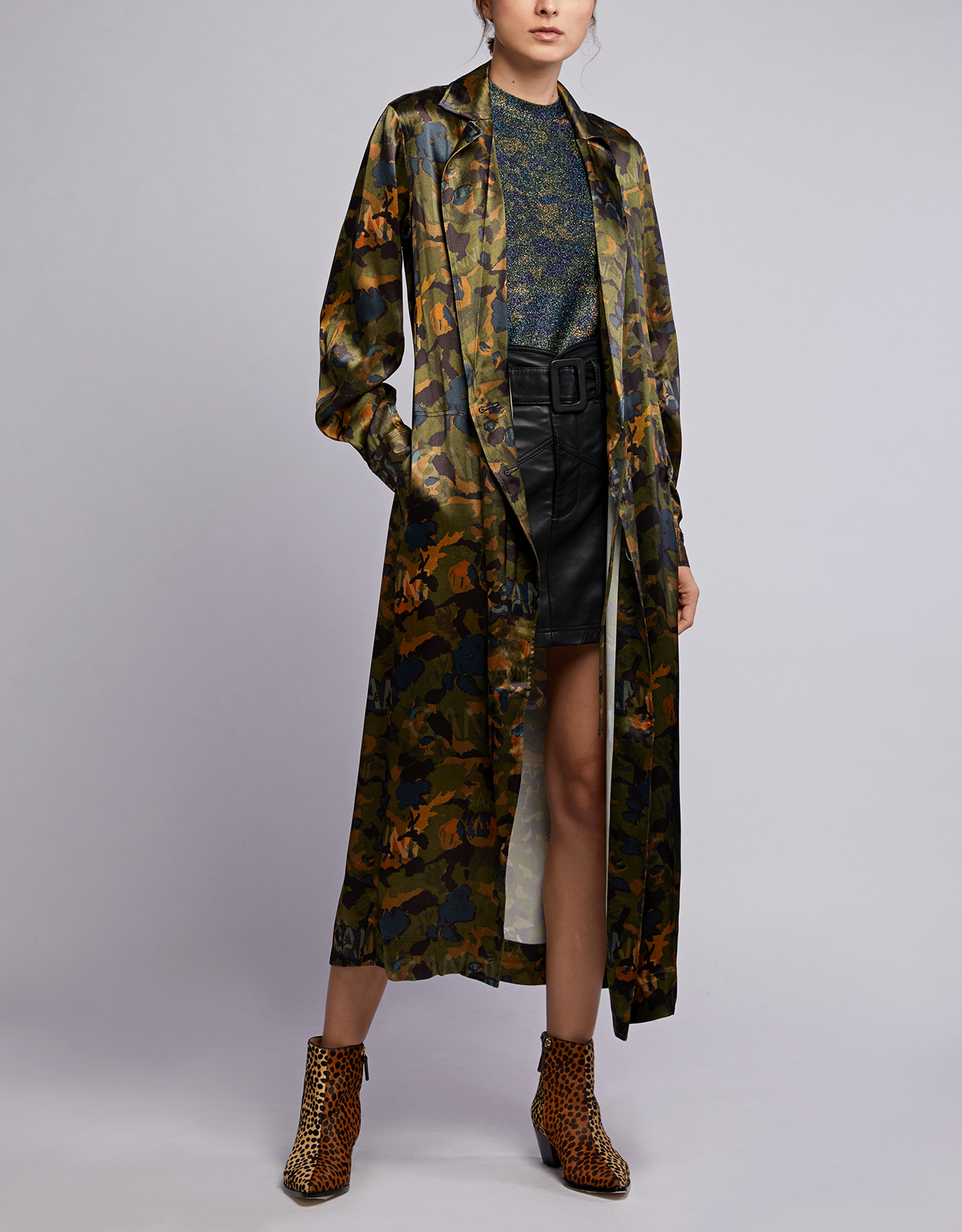 Ganni Camo Print Heavy Satin Dress Trench Coat (Coats,Knee Length)