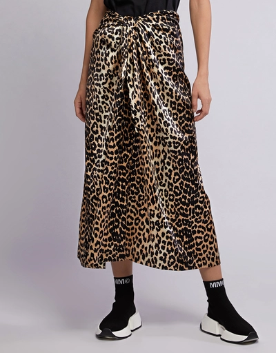豹紋真絲混紡緞面中長裙