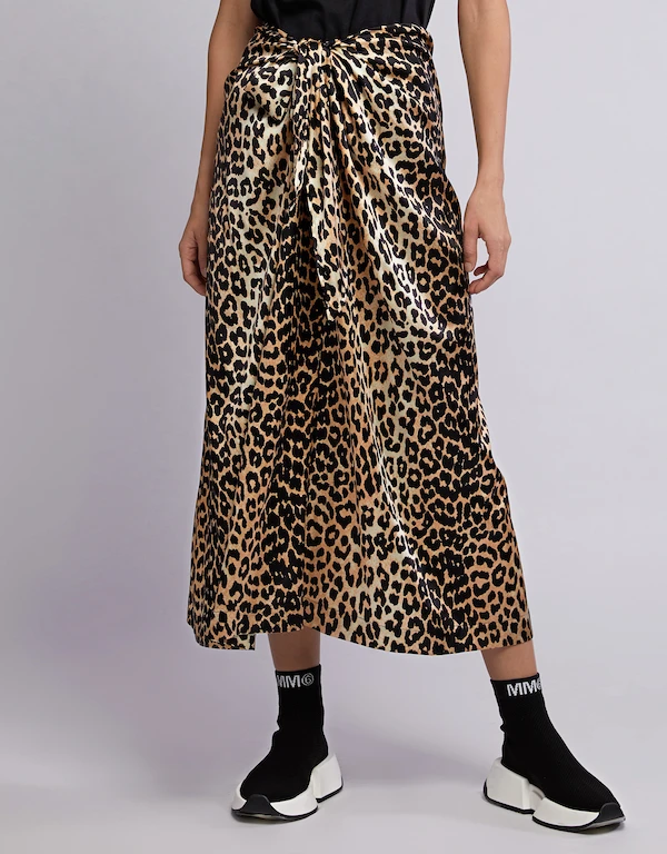 Leopard Print Silk-blend Satin Midi Skirt 
