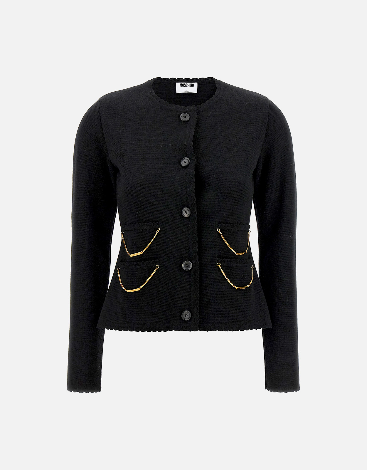 MOSCHINO ブラック カーディガン ニット　人気アイテム！ブラックカラー Moschino ファインメリノウールチェーンカーディガン (ニットウェア