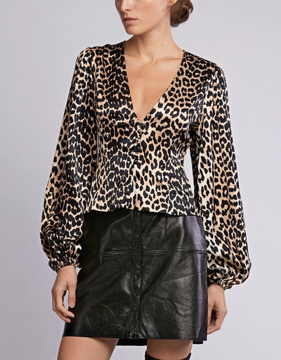 Leopard Print V-neck Silk-blend Satin Blouse