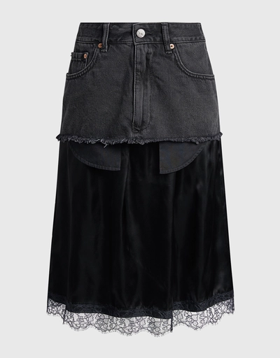 Lace Layered Wash Denim Knee Length Skirt