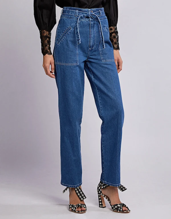 Sea Marble High-rised Belted Straight-leg Jeans