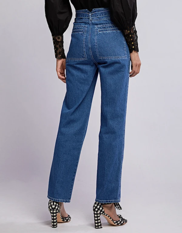 Sea Marble High-rised Belted Straight-leg Jeans