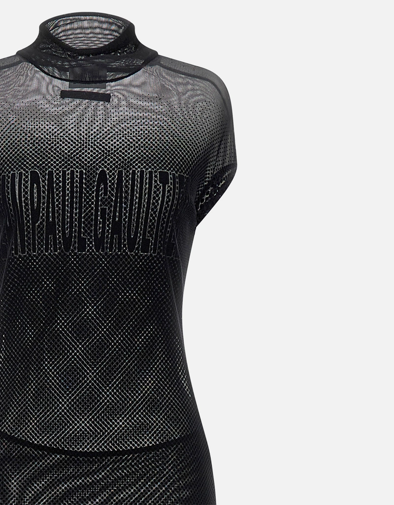 ジャンポールゴルチェ メッシュニット ロングドレス Jean Paul Gaultier フロック加工 セミ透明ストレッチメッシュロング