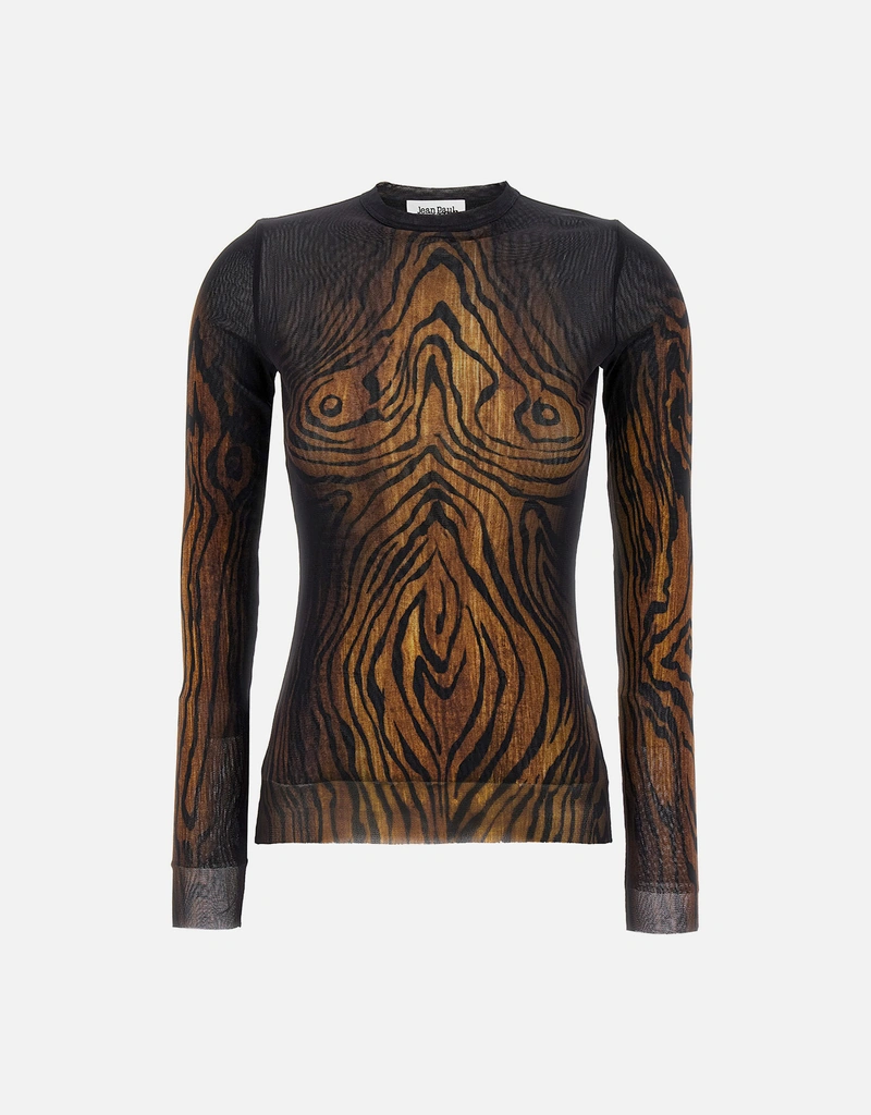 Jean Paul Gaultier Wood Print Slim Fit Tulle Top (Tops,T-shirts