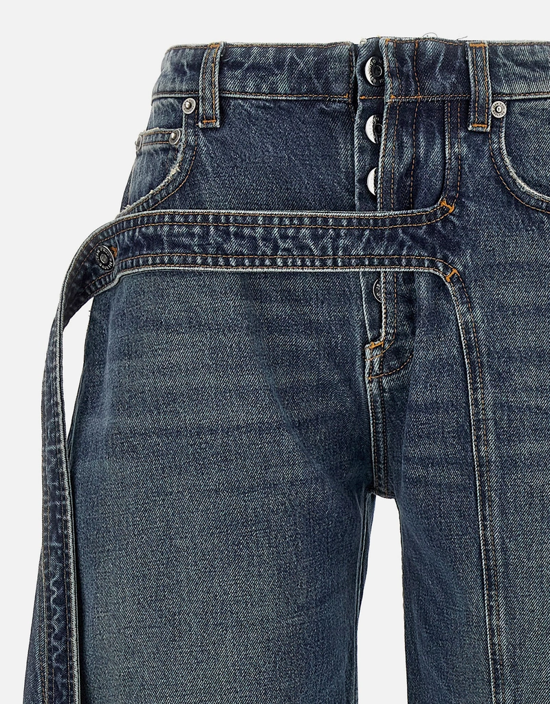 Jean Paul Gaultier Blue Denim Strap Cotton Loose Wide Barrel Leg