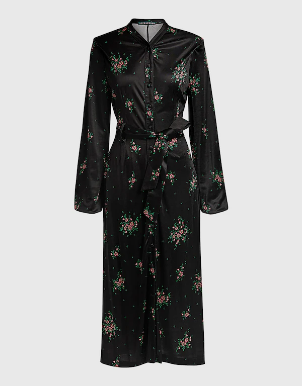 Alexa Chung Floral Satin Tie Waist Knee Length Dress