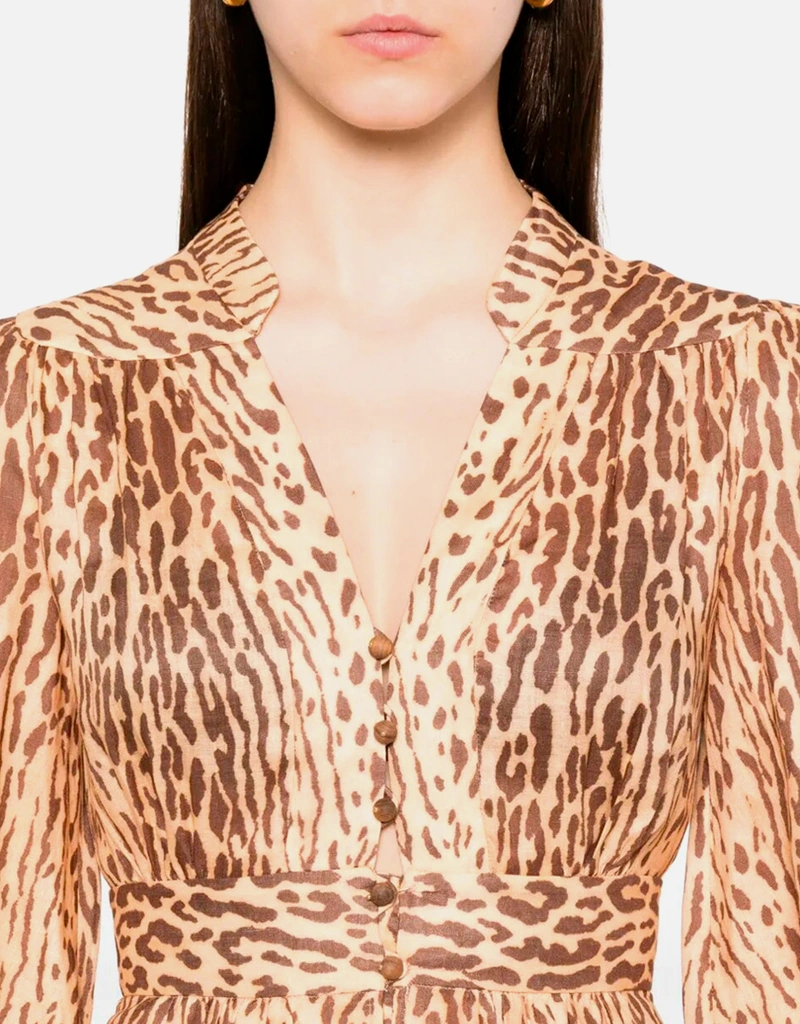 Zimmermann - Cascadian Plunge Midi Dress, 2 Tan Leopard