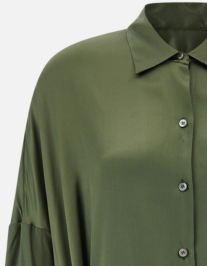 olive green satin shirt dress Olive Green Wrap Satin Dress With Flutter Sleeves – Désir Couture main image 0