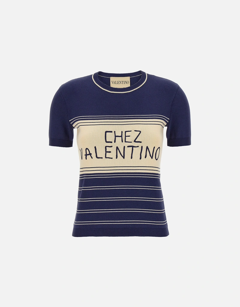 Valentino Garavani コットンニットストライプクルーネックTシャツ