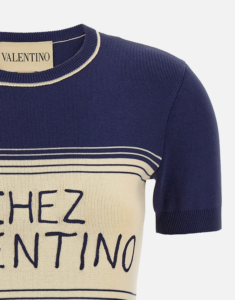 Valentino Garavani コットンニットストライプクルーネックTシャツ