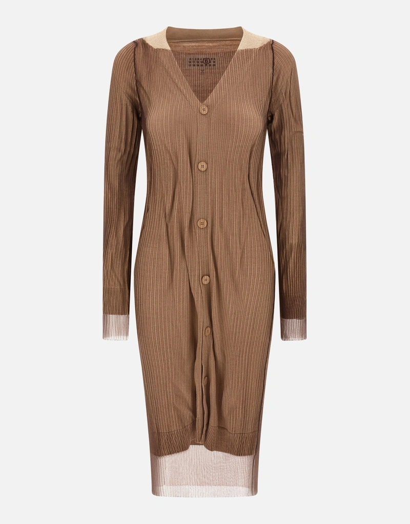 MM6 Maison Margiela Ribbed Virgin Wool Midi Dress With Polyamide Mesh  Overlay () IFCHIC.COM