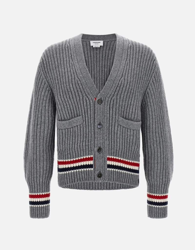 THOM BROWNE グレー カーディガン ストライプ袖 M Thom Browne メンズ RWBストライプ カシミヤ Vネック カーディガン