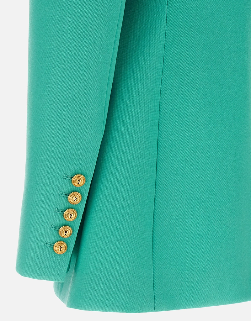 balmain sleeveless blazer dress turquoise gold buttons Balmain Black Wool Cache-Coeur Blazer Dress with Gold Buttons