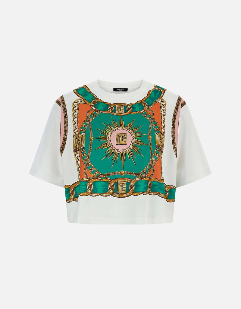BALMAINバルマン シャツ ジャケット ワッペン Balmain バルマン フーラールプリント コットン クロップドTシャツ