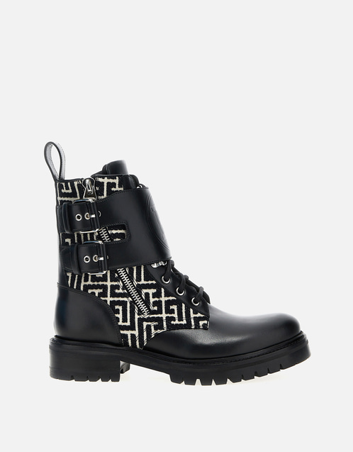 Balmain メンズ Ranger レザーとジャカード アンクルブーツ () IFCHIC.COM
