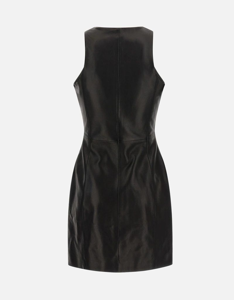 chinese dress ladies Black Ruffle Detailed High Class Women Mini Lambskin Leather Dress M / Black main image 1
