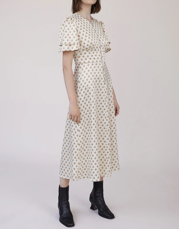 Alexa Chung Durum Floral Front Zip Ruffled Sleeve Midi Dress 