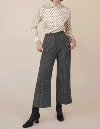 Annie Herringbone Wool Wide-leg Cropped Pants