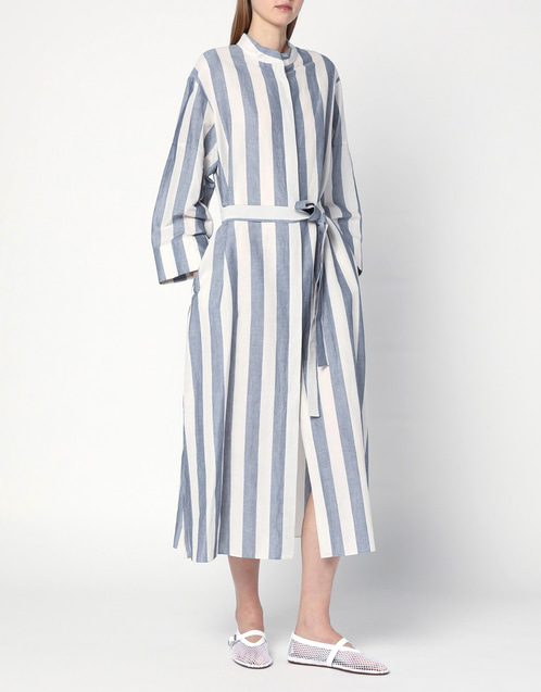 S Max Mara ホワイトブルーストライプコットンシャツワンピース