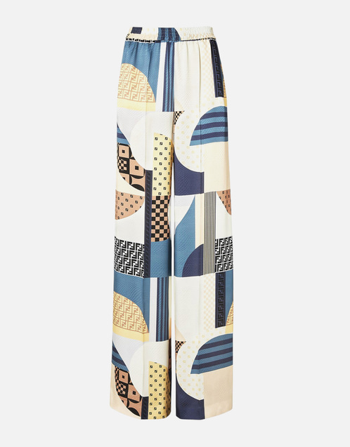 Fendi ブルーシルクパッチワークプリントパンツ (パンツ) IFCHIC.COM